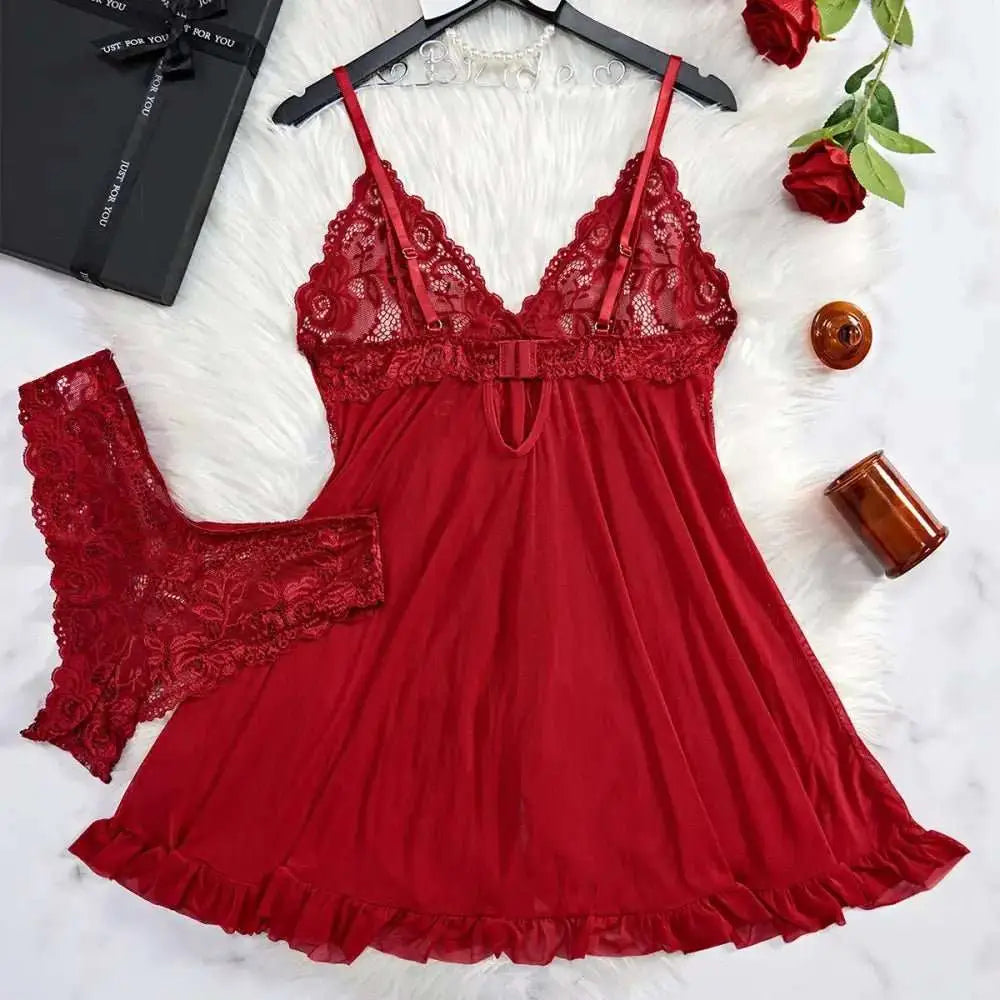 Transparent Red Sexy Lingerie Women's Underwear See Through Sleepwear Lace Nightdress And Panty Pijamas Sets Female Sexy Nighty - The Lady's Haven