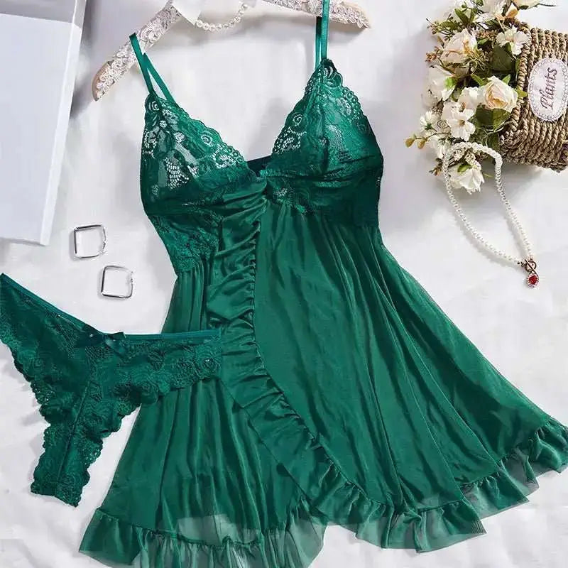 Tulle Suspenders Exquisite Women's Lencerias Lace V - Neck Underwear Semi - transparent Thong Dress Set Females Lingerie Nightgowns - The Lady's Haven