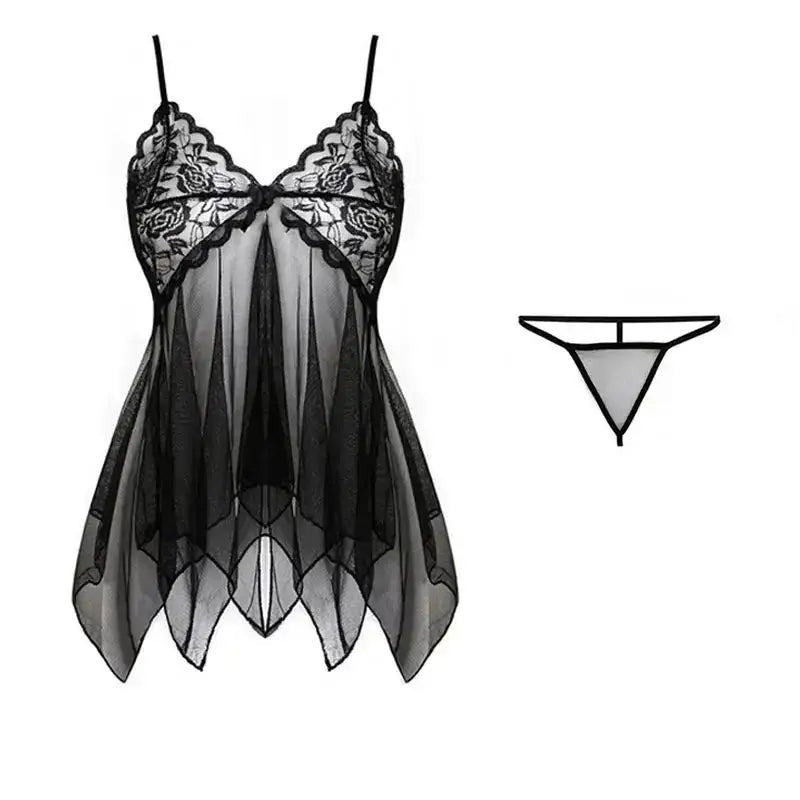 Tulle Suspenders Exquisite Women's Lencerias Lace V - Neck Underwear Semi - transparent Thong Dress Set Females Lingerie Nightgowns - The Lady's Haven