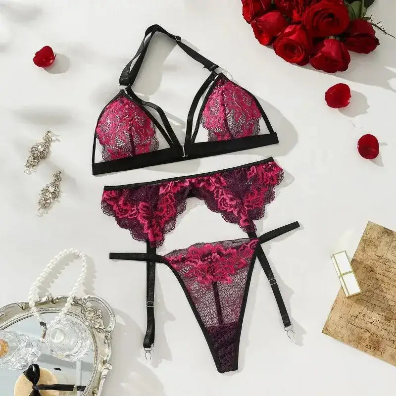 Women's Sexy Lace Flower Front Buckle Underwear Strap, Spicy Girl Waist Cover, Fashionable, Comfortable, and Fun 3 - Piece Set - The Lady's Haven