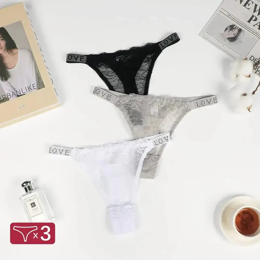 3PCS Women's Sexy Hot G String Ladies Letter Low Waist Sexy Panties Lace Thong Women Underwear Panties Antibacterial T - back - The Lady's Haven