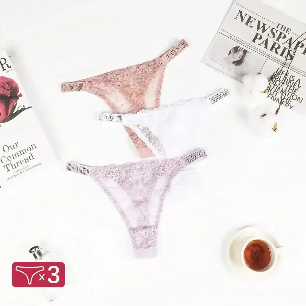 3PCS Women's Sexy Hot G String Ladies Letter Low Waist Sexy Panties Lace Thong Women Underwear Panties Antibacterial T - back - The Lady's Haven