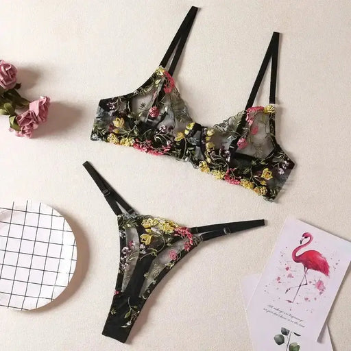 Floral Embroidery Lingerie Set Women Sheer 2 - Piece Boho Bra + Panty Underwear Set Intimates - The Lady's Haven
