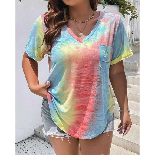 Bright and stylish, the New Plus Size European and American Women's Casual V-neck Printed Pocket T-shirt offers a fun, loose fit.