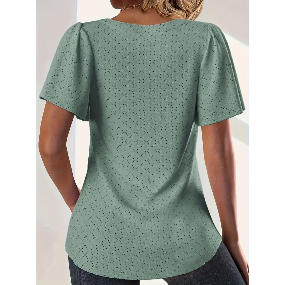 Elegant plus size spring and summer hollow tops for women, featuring loose ruffle sleeves for versatile office wear.