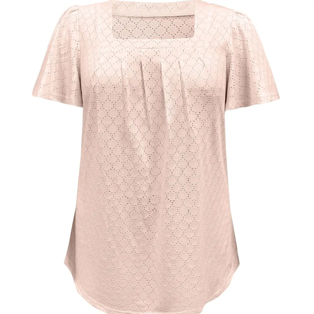Stylish plus size spring and summer hollow tops for women's office wear with loose ruffle sleeves and versatile design.