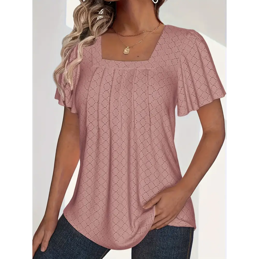 Plus size spring and summer fashionable and elegant hollow tops for women, perfect for office wear with loose ruffle sleeves.