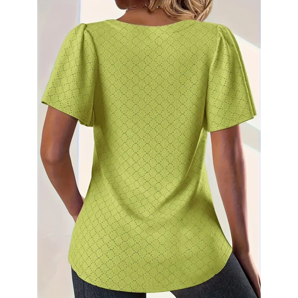 Stylish plus size spring and summer fashionable hollow tops for women, featuring loose ruffle sleeves for office wear.