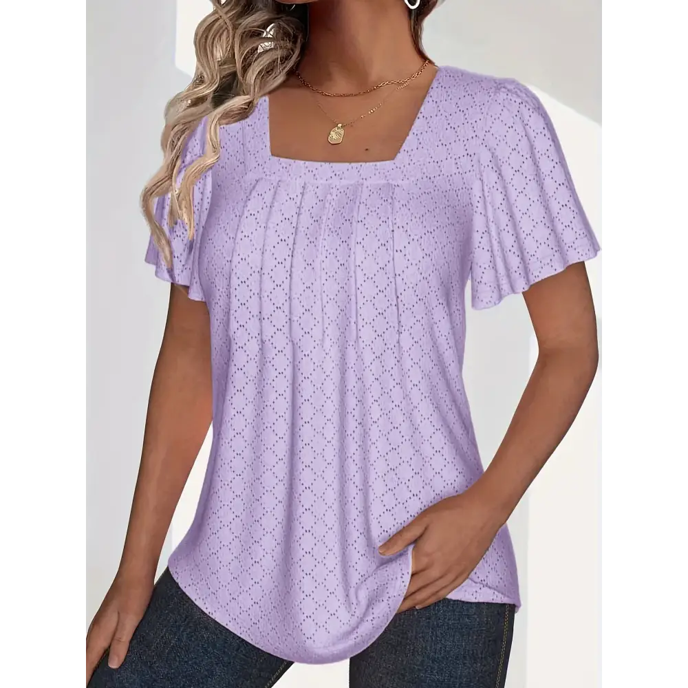 Plus size spring and summer fashionable and elegant hollow tops for women with loose ruffle sleeves, perfect for office wear.