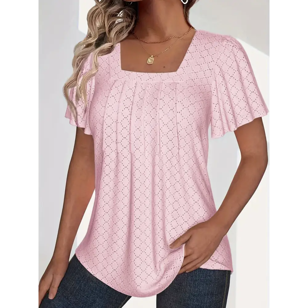 Stylish plus size spring and summer fashionable hollow tops for women feature loose ruffle sleeves, perfect for office wear.