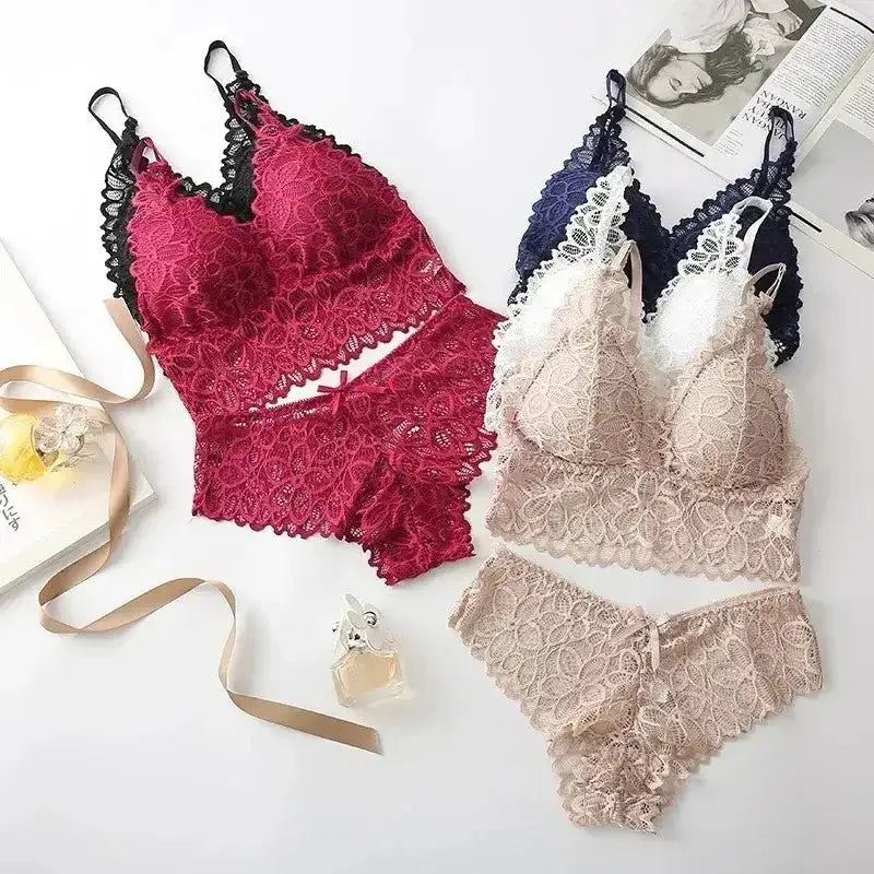Sexy Lace Women Underwear Set Seamless Wire Free Bra Sets Hollow Out Bra and Panty Sets For Women Embroidery Intimates Lingerie - The Lady's Haven