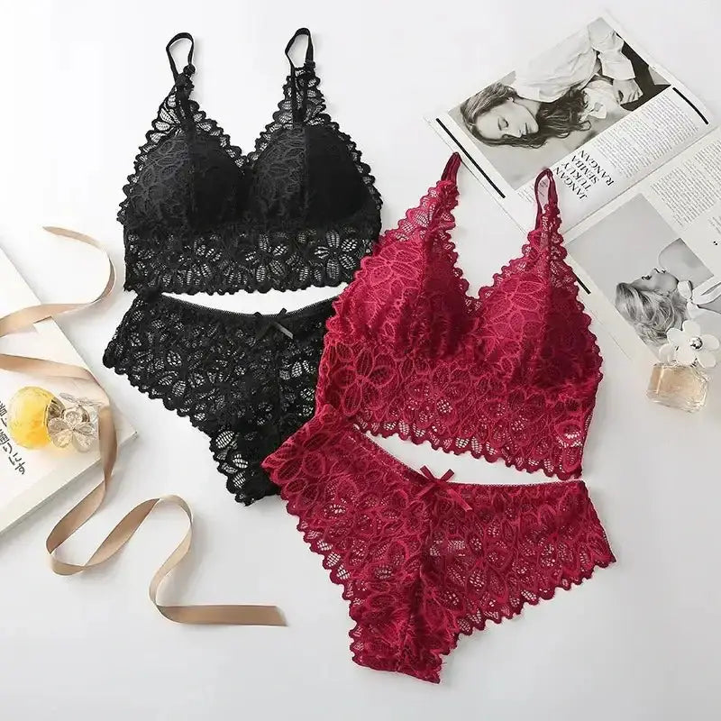 Sexy Lace Women Underwear Set Seamless Wire Free Bra Sets Hollow Out Bra and Panty Sets For Women Embroidery Intimates Lingerie - The Lady's Haven