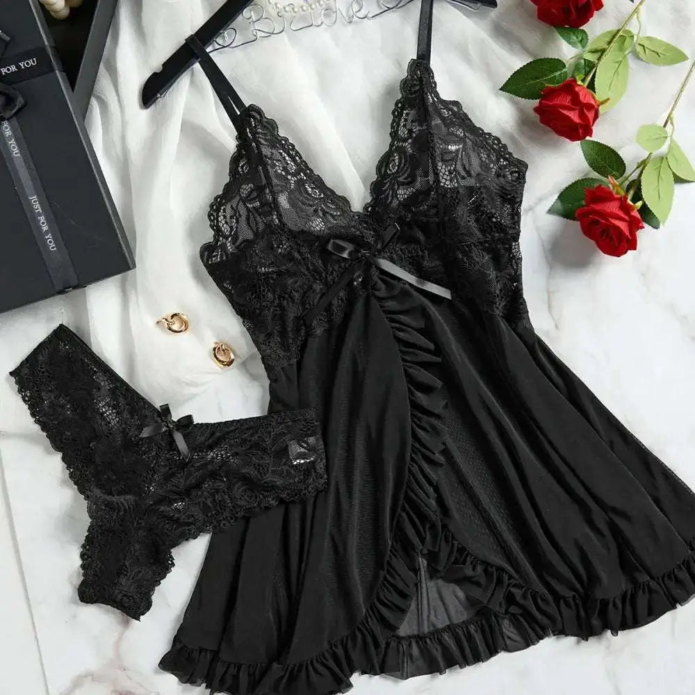 Transparent Red Sexy Lingerie Women's Underwear See Through Sleepwear Lace Nightdress And Panty Pijamas Sets Female Sexy Nighty - The Lady's Haven
