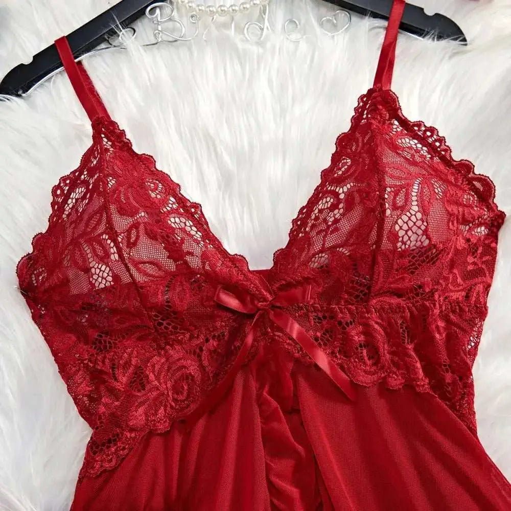 Transparent Red Sexy Lingerie Women's Underwear See Through Sleepwear Lace Nightdress And Panty Pijamas Sets Female Sexy Nighty - The Lady's Haven