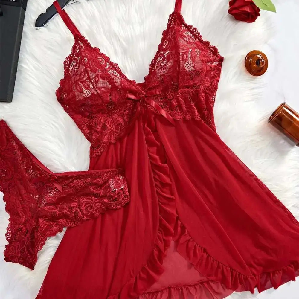 Transparent Red Sexy Lingerie Women's Underwear See Through Sleepwear Lace Nightdress And Panty Pijamas Sets Female Sexy Nighty - The Lady's Haven