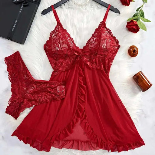 Transparent Red Sexy Lingerie Women's Underwear See Through Sleepwear Lace Nightdress And Panty Pijamas Sets Female Sexy Nighty - The Lady's Haven