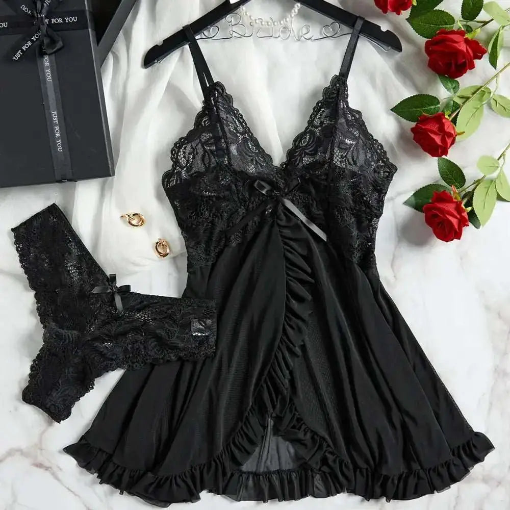 Transparent Red Sexy Lingerie Women's Underwear See Through Sleepwear Lace Nightdress And Panty Pijamas Sets Female Sexy Nighty - The Lady's Haven