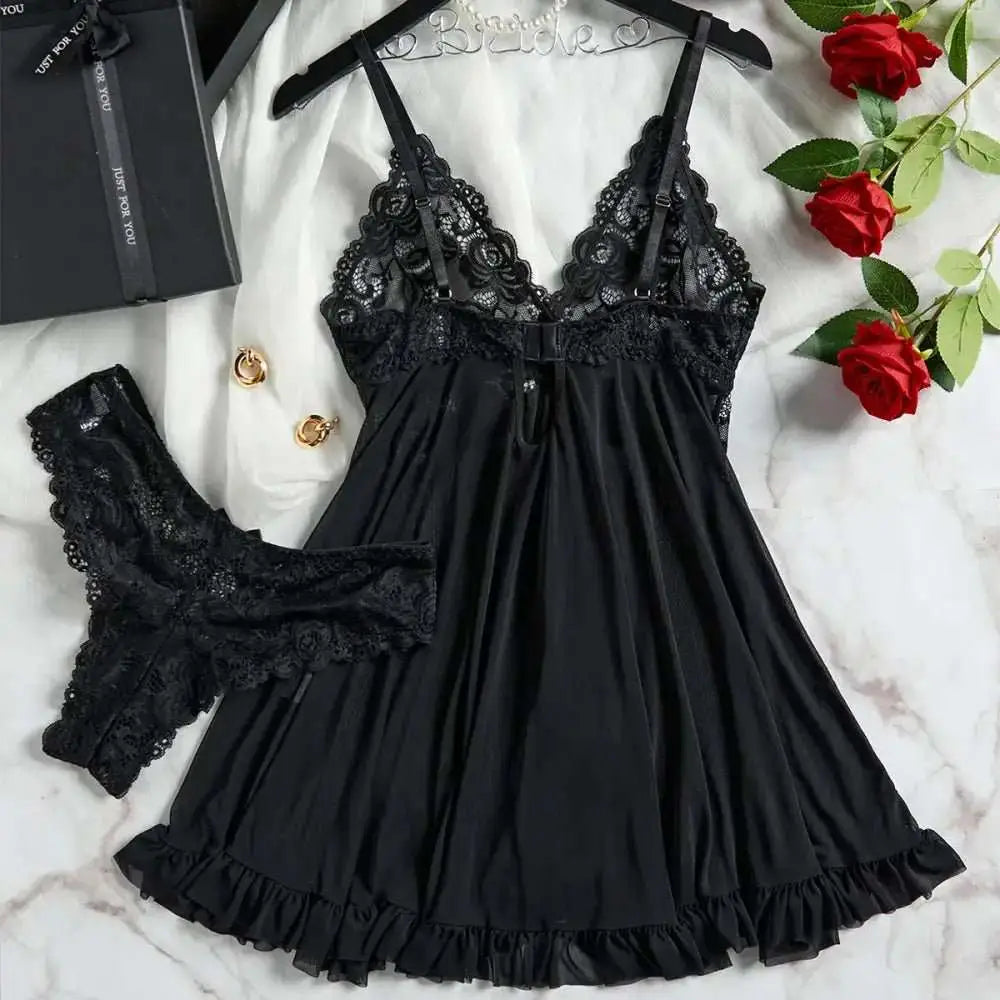 Transparent Red Sexy Lingerie Women's Underwear See Through Sleepwear Lace Nightdress And Panty Pijamas Sets Female Sexy Nighty - The Lady's Haven