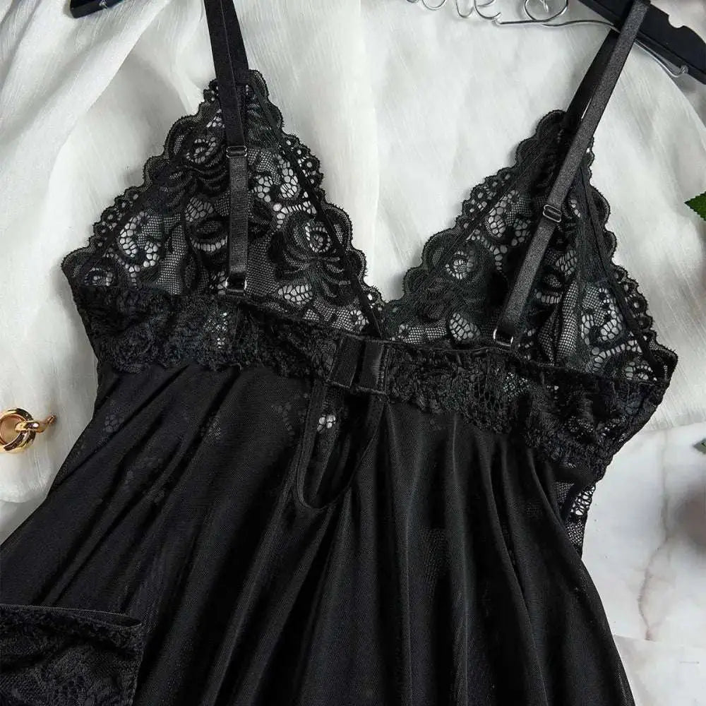 Transparent Red Sexy Lingerie Women's Underwear See Through Sleepwear Lace Nightdress And Panty Pijamas Sets Female Sexy Nighty - The Lady's Haven