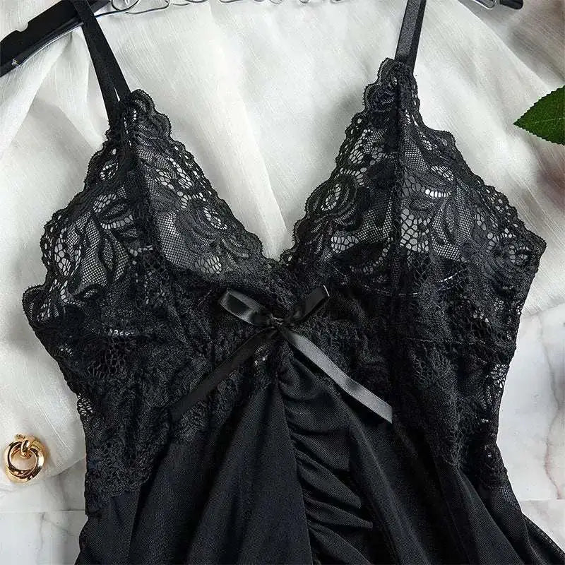 Tulle Suspenders Exquisite Women's Lencerias Lace V - Neck Underwear Semi - transparent Thong Dress Set Females Lingerie Nightgowns - The Lady's Haven