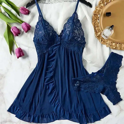 Tulle Suspenders Exquisite Women's Lencerias Lace V - Neck Underwear Semi - transparent Thong Dress Set Females Lingerie Nightgowns - The Lady's Haven