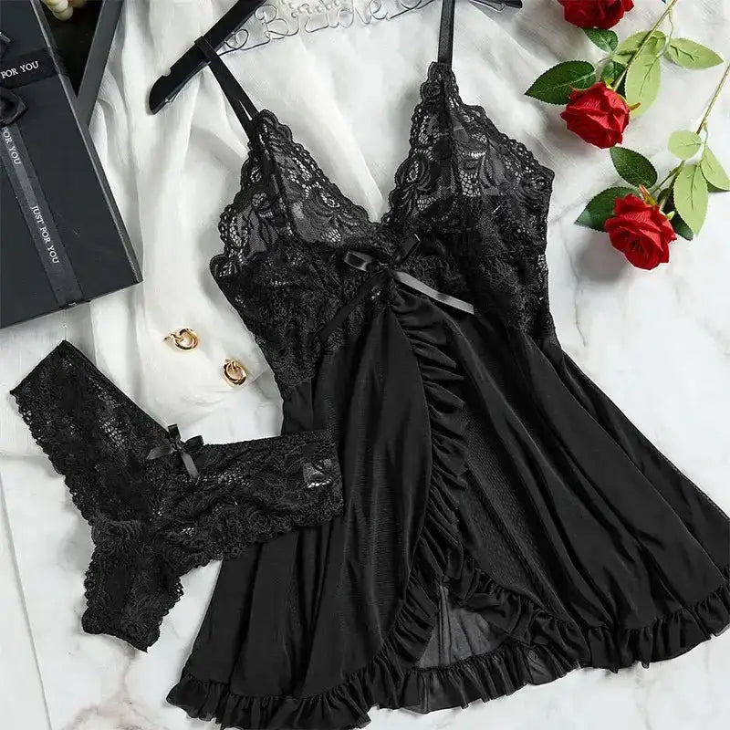 Tulle Suspenders Exquisite Women's Lencerias Lace V - Neck Underwear Semi - transparent Thong Dress Set Females Lingerie Nightgowns - The Lady's Haven