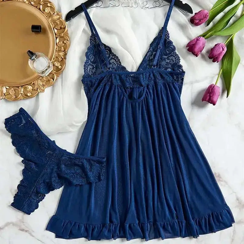 Tulle Suspenders Exquisite Women's Lencerias Lace V - Neck Underwear Semi - transparent Thong Dress Set Females Lingerie Nightgowns - The Lady's Haven