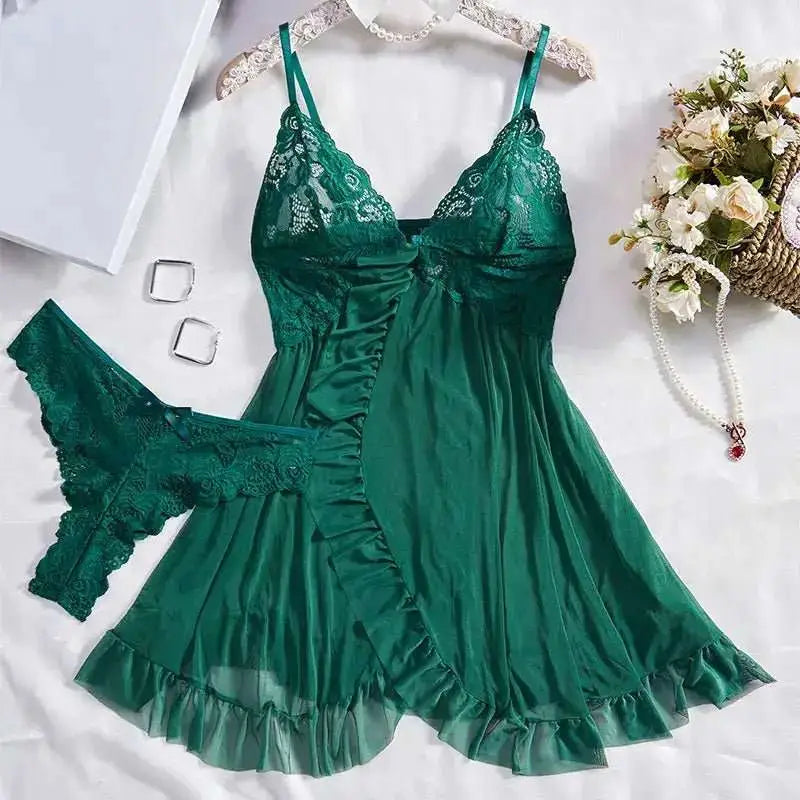 Tulle Suspenders Exquisite Women's Lencerias Lace V - Neck Underwear Semi - transparent Thong Dress Set Females Lingerie Nightgowns - The Lady's Haven