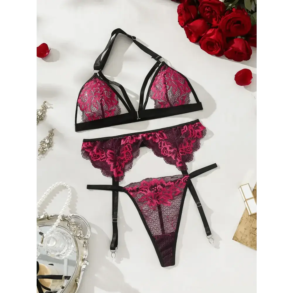 Women's Sexy Lace Flower Front Buckle Underwear Strap, Spicy Girl Waist Cover, Fashionable, Comfortable, and Fun 3 - Piece Set - The Lady's Haven